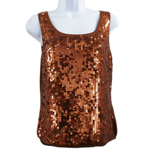 Vintage Tops - Vintage Newport News  Silk Sequin Tank Top Brown Jeanology Collection Disco M